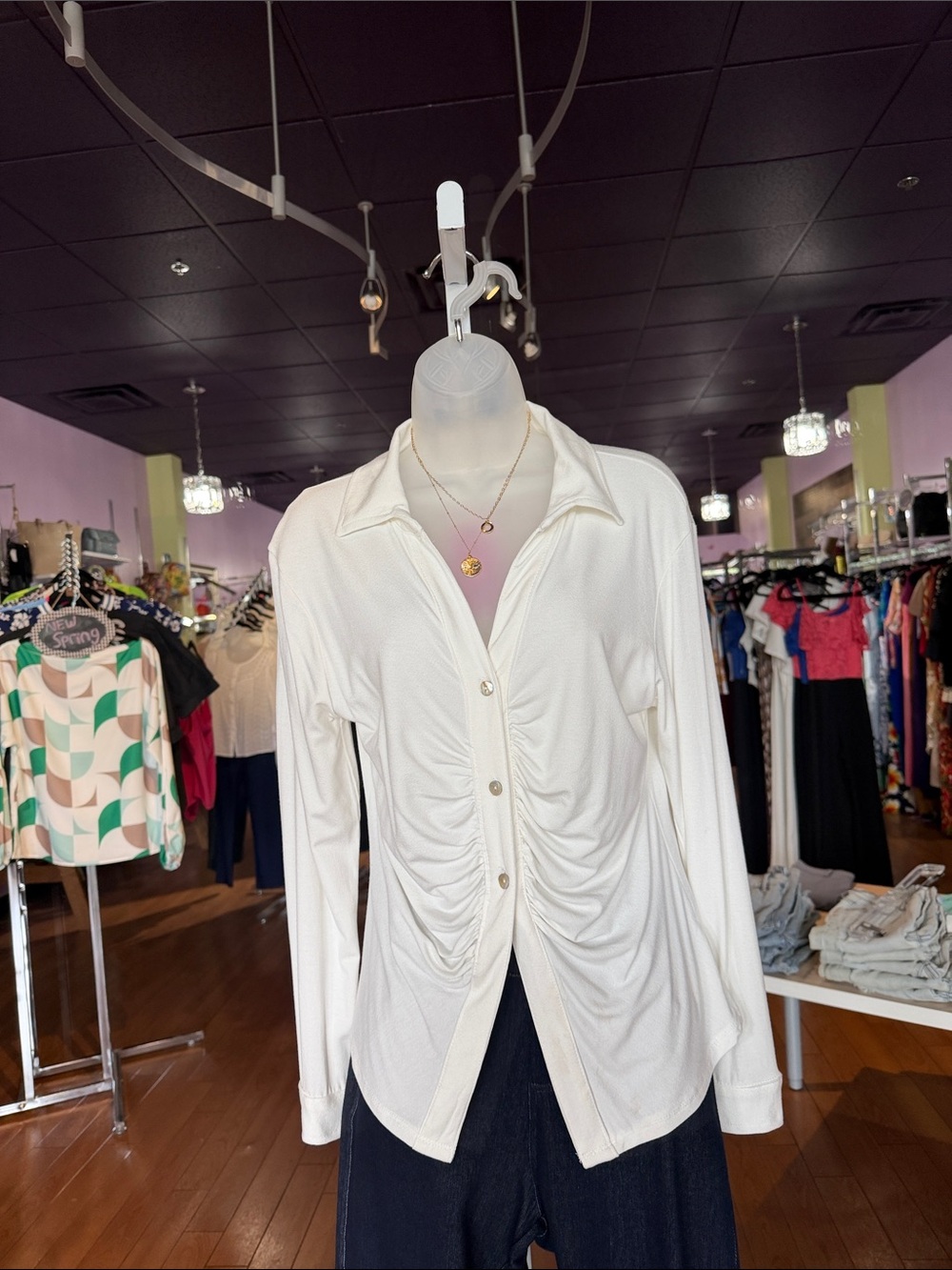 Women's Long-Sleeve Ruched Button-Front Top in Ivory
